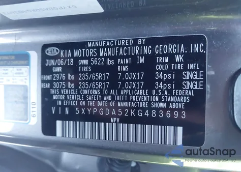 2019 Kia Sorento 3.3L Lx z USA, uszkodzony, nr VIN 5XYPGDA52KG483693